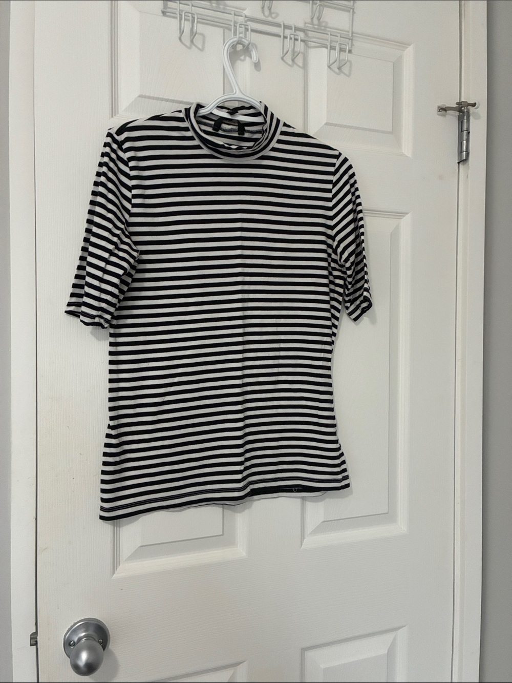 Banana Republic Black & White Striped Short Sleeve Mock Neck Top